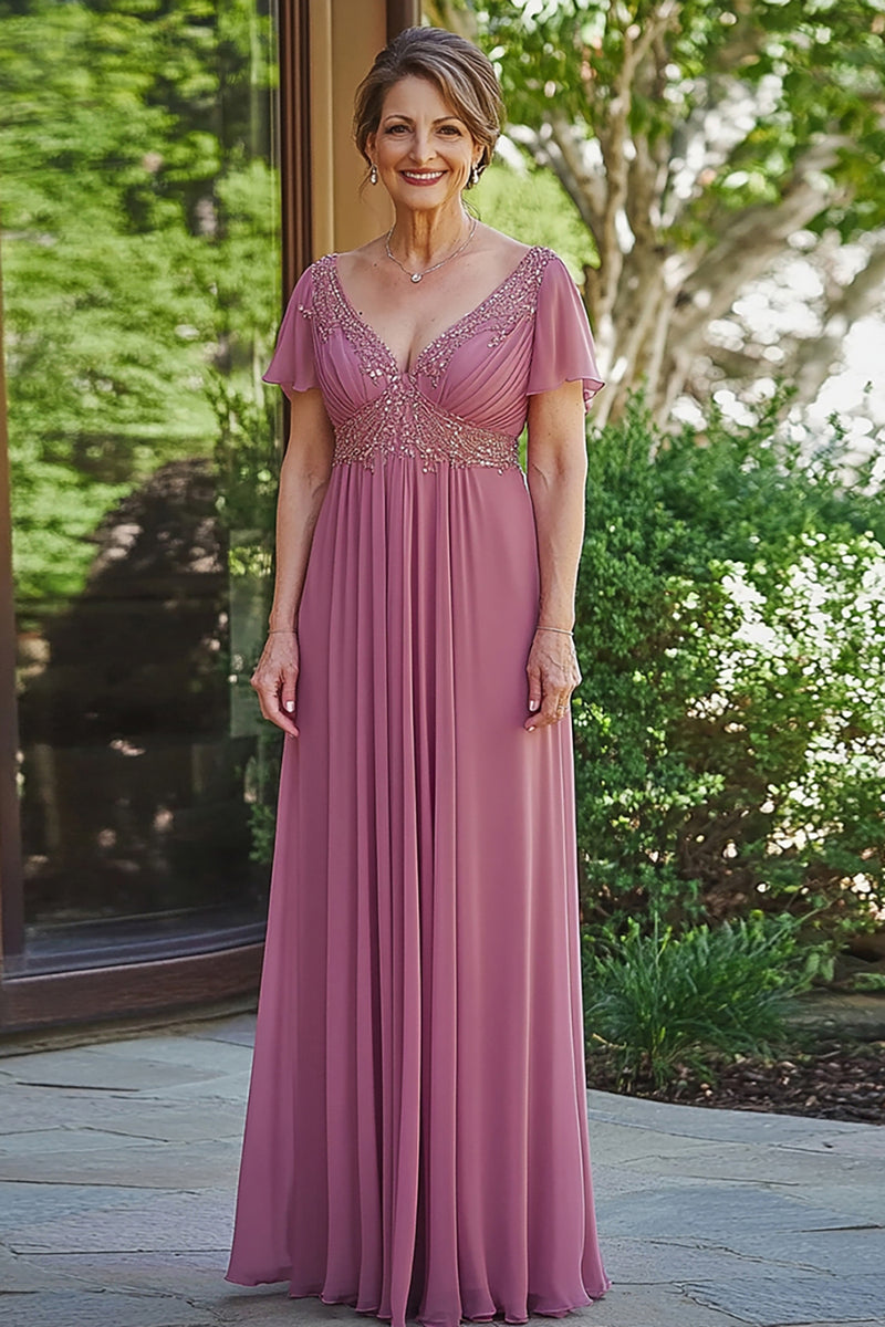 Load image into Gallery viewer, Chiffon A-Line Dusty Rose Short Sleeves Mother of the Bride Dress