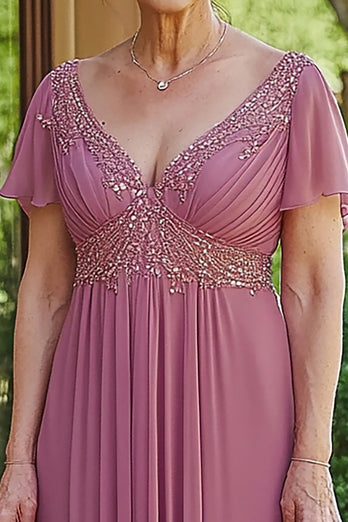 Chiffon A-Line Dusty Rose Short Sleeves Mother of the Bride Dress