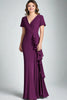 Load image into Gallery viewer, Dark Purple V-Neck Sheath Ruffled Mother of the Bride Dress