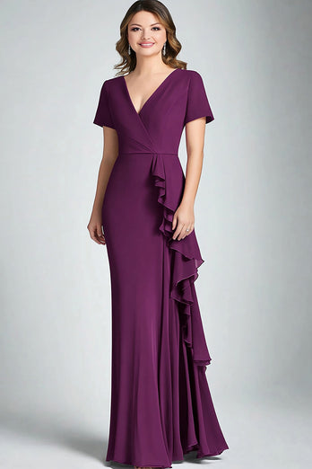 Dark Purple V-Neck Sheath Ruffled Mother of the Bride Dress