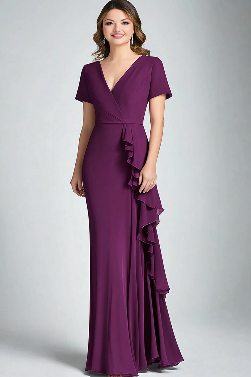 Load image into Gallery viewer, Dark Purple V-Neck Sheath Ruffled Mother of the Bride Dress