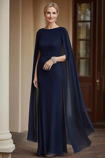 Navy Chiffon Sheath Mother of the Bride Dress with Cape