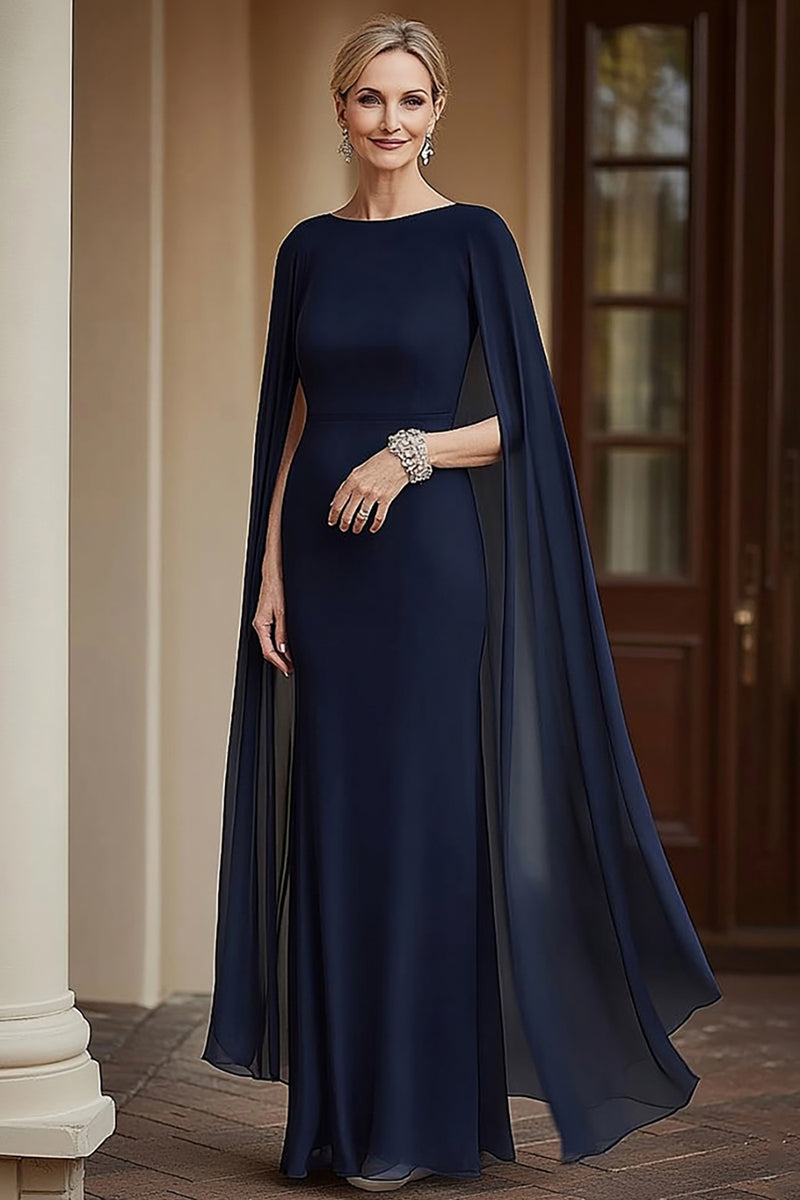 Load image into Gallery viewer, Navy Chiffon Sheath Mother of the Bride Dress with Cape