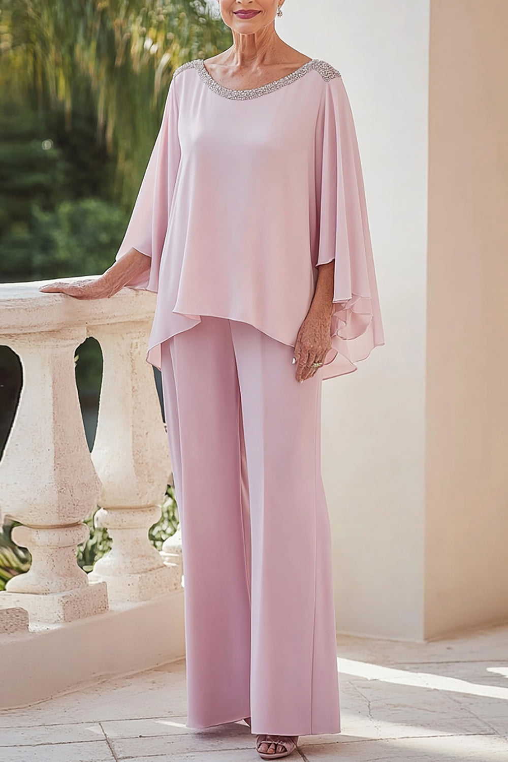 Pink 2 Piece Chiffon Mother of the Bride Pantsuit