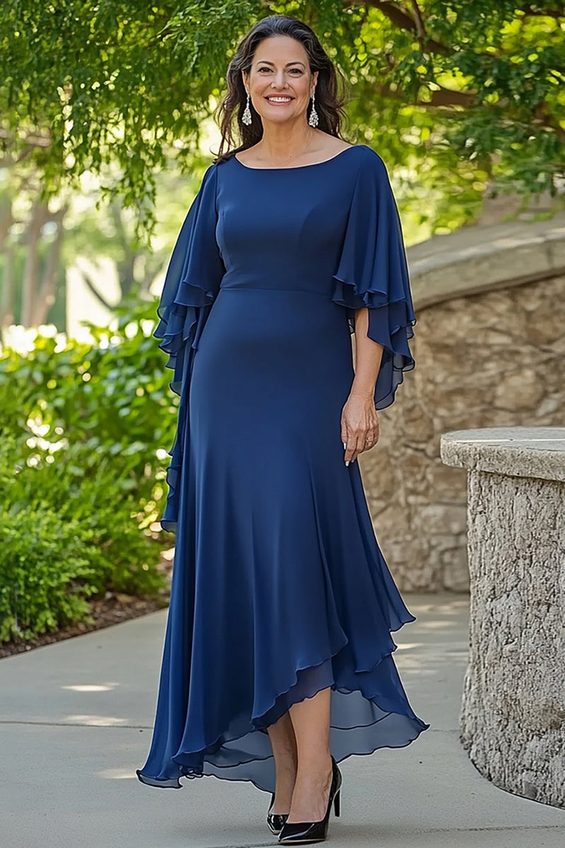 Load image into Gallery viewer, Navy Ruffle Sleeves Chiffon Mother of the Bride Dress