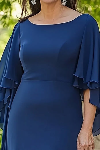 Navy Ruffle Sleeves Chiffon Mother of the Bride Dress