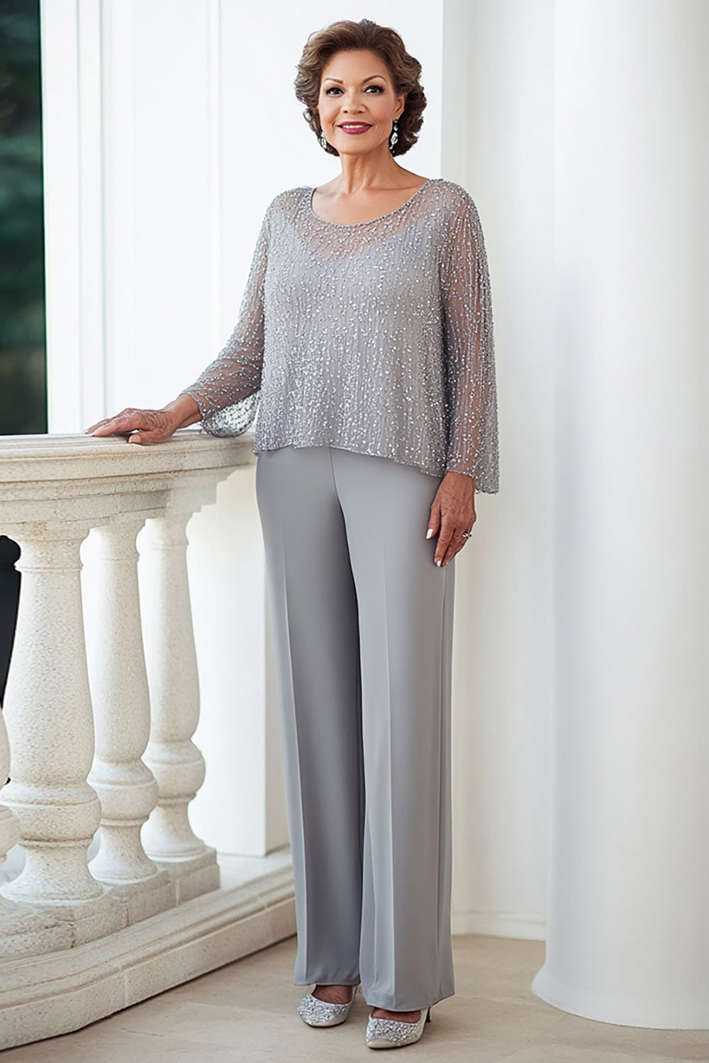 2 Piece Grey Scoop Neck Chiffon Maxi Mother of the Bride Pantsuit