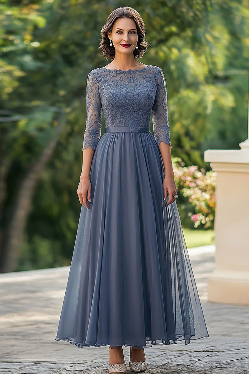 Load image into Gallery viewer, Dusty Blue A-Line Chiffon 3/4 Sleeves Applique Mother of the Bride Dress