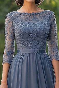 Dusty Blue A-Line Chiffon 3/4 Sleeves Applique Mother of the Bride Dress