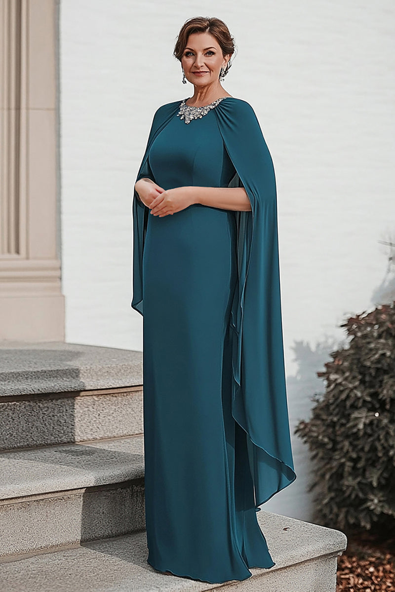 Load image into Gallery viewer, Peacock Chiffon Sheath Mother of the Bride Dress with Cape