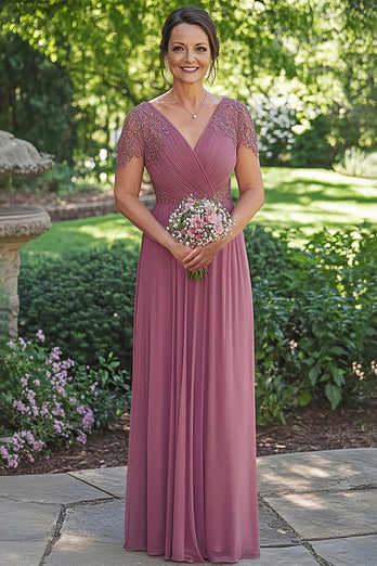 Dusty Rose Cap Sleeves Chiffon Pleated Mother of the Bride Dress