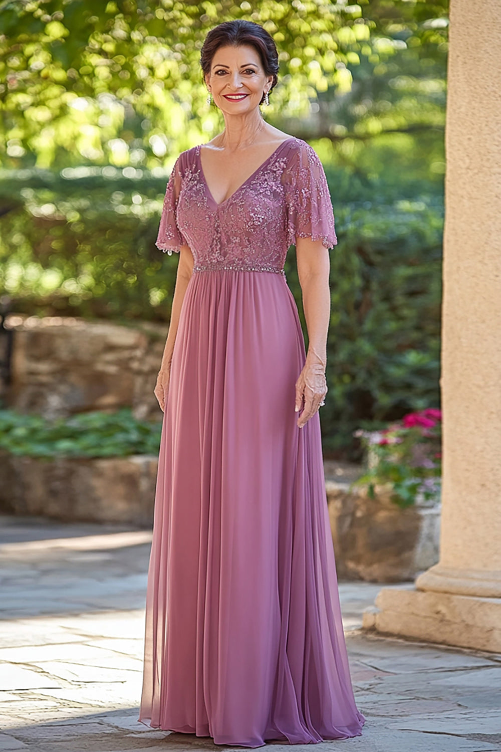 Dusty Rose V-Neck Chiffon Applique Mother of the Bride Dress