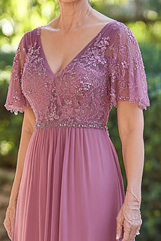 Dusty Rose V-Neck Chiffon Applique Mother of the Bride Dress