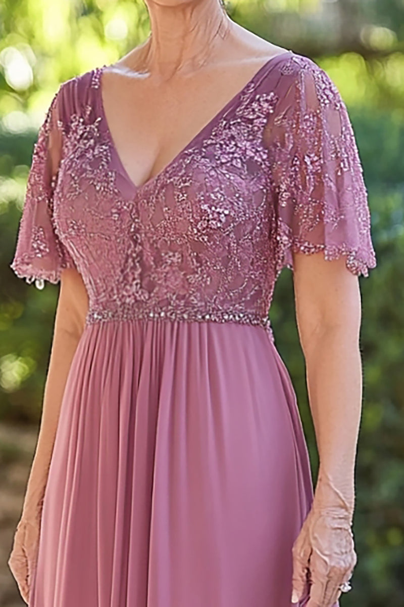 Load image into Gallery viewer, Dusty Rose V-Neck Chiffon Applique Mother of the Bride Dress