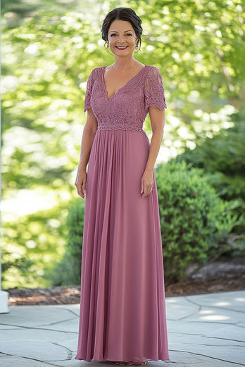 V-Neck Chiffon Dusty Rose Applique Maxi Mother of the Bride Dress