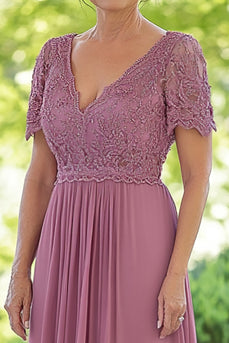 V-Neck Chiffon Dusty Rose Applique Maxi Mother of the Bride Dress