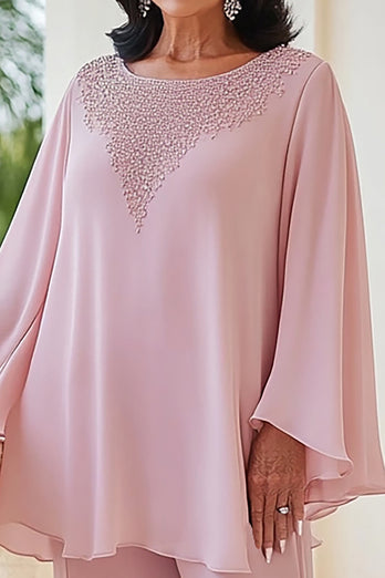 Pink 2 Piece Chiffon Scoop Neck Maxi Mother of the Bride Pantsuit