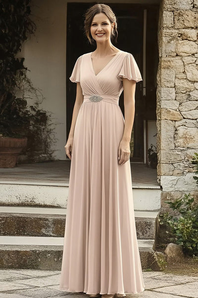 Champagne V-Neck Chiffon A-Line Mother of the Bride Dress