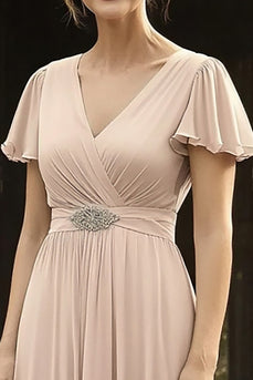 Champagne V-Neck Chiffon A-Line Mother of the Bride Dress