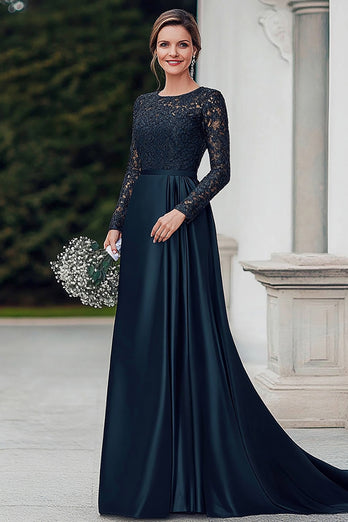 Elegant Navy Satin A-Line Mother of the Bride Dress with Lace