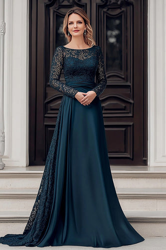 Navy A Line Lace Floor Length Mother of the Bride Dress