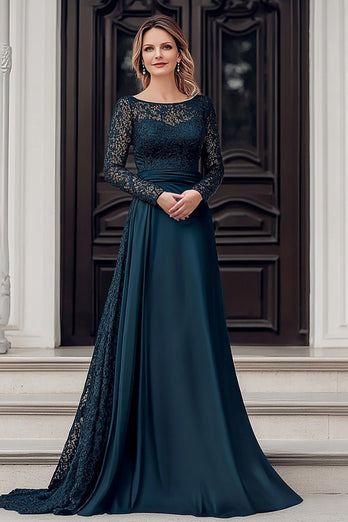 Navy A Line Lace Floor Length Mother of the Bride Dress