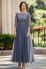 Load image into Gallery viewer, Dusty Blue Scoop Neck A Line Lace Mother of the Bride Dress