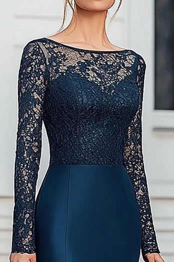 Navy Mermaid Lace Long Sleeves Mother of the Bride Dress