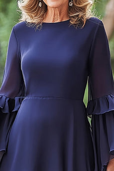 Navy 2 Piece Chiffon Flutter Sleeves Long Mother of the Bride Pantsuit