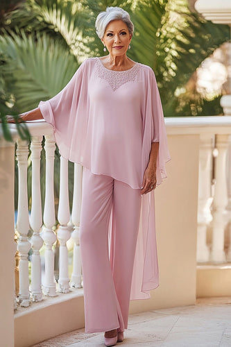 2 Piece Pink Chiffon Mother of the Bride Pantsuit with Wrap