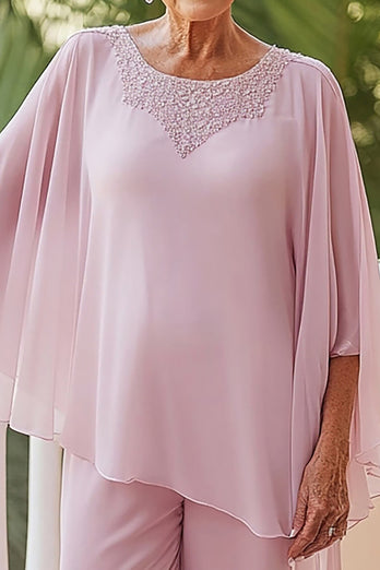 2 Piece Pink Chiffon Mother of the Bride Pantsuit with Wrap