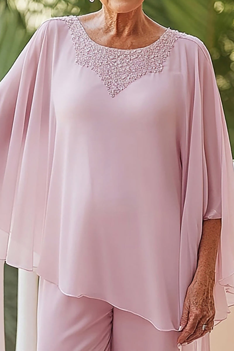 Load image into Gallery viewer, 2 Piece Pink Chiffon Mother of the Bride Pantsuit with Wrap