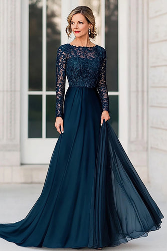 Navy Chiffon A Line Maxi Mother of the Bride Dress with Lace