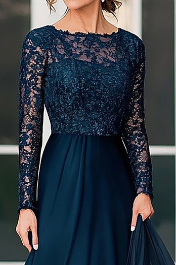 Navy Chiffon A Line Maxi Mother of the Bride Dress with Lace