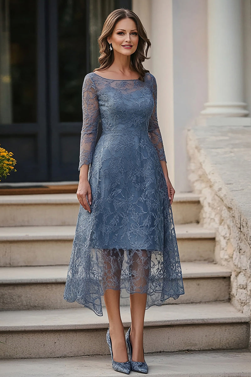 Load image into Gallery viewer, Dusty Blue Lace A-Line Tea Length Mother of the Bride Dress