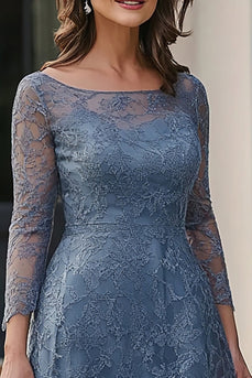 Dusty Blue Lace A-Line Tea Length Mother of the Bride Dress