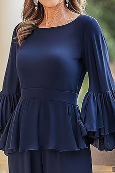 Chiffon Flutter Sleeves Navy Maxi Mother of the Bride Pantsuit