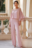 Load image into Gallery viewer, 2 Piece Chiffon Flutter Sleeves Pink Beaded Mother of the Bride Pantsuit