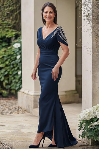 V-Neck Sheath Navy Beaded Floor Length Mother of the Bride Dress