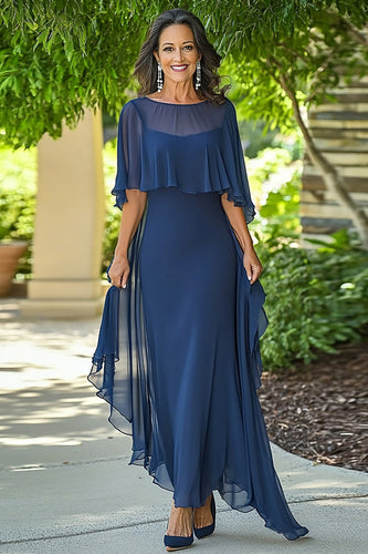 Navy Chiffon Ruffled Sheath Mother of the Bride Dress