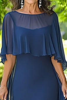 Navy Chiffon Ruffled Sheath Mother of the Bride Dress