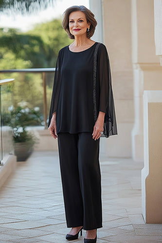 Black 2 Piece Scoop Neck Chiffon Mother of the Bride Pantsuit