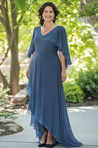 V-Neck Ruffled Dusty Blue Asymmetrical Chiffon Mother of the Bride Dress