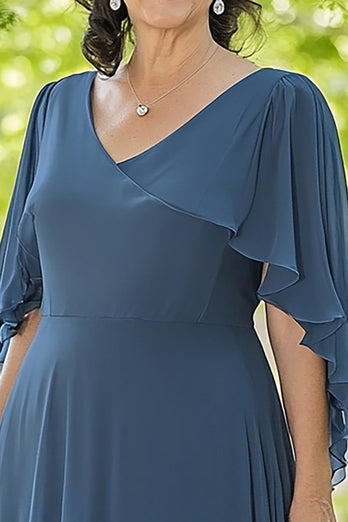 V-Neck Ruffled Dusty Blue Asymmetrical Chiffon Mother of the Bride Dress