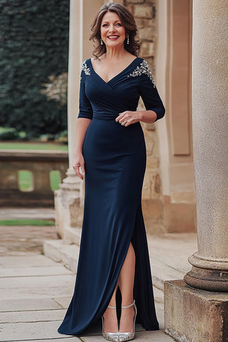 V-Neck Sheath Navy Half Sleeves Mother of the Bride Dress with Slit