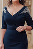 Load image into Gallery viewer, V-Neck Sheath Navy Half Sleeves Mother of the Bride Dress with Slit