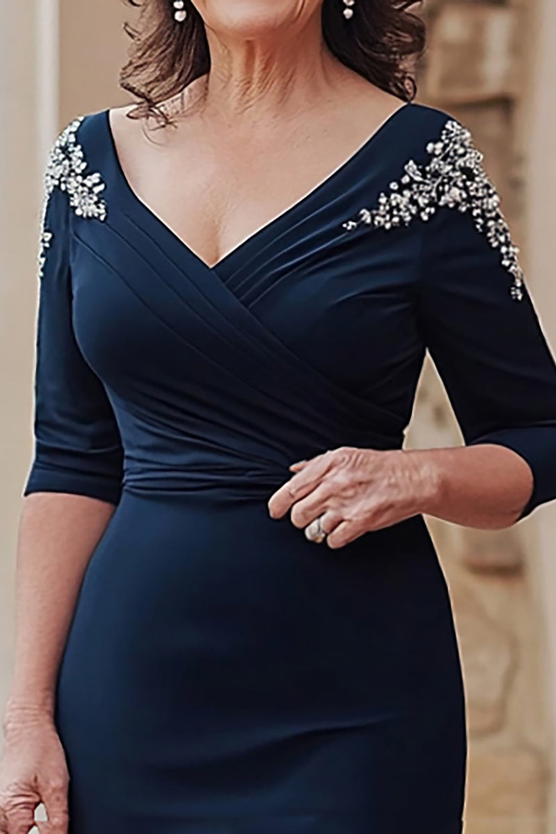 Load image into Gallery viewer, V-Neck Sheath Navy Half Sleeves Mother of the Bride Dress with Slit