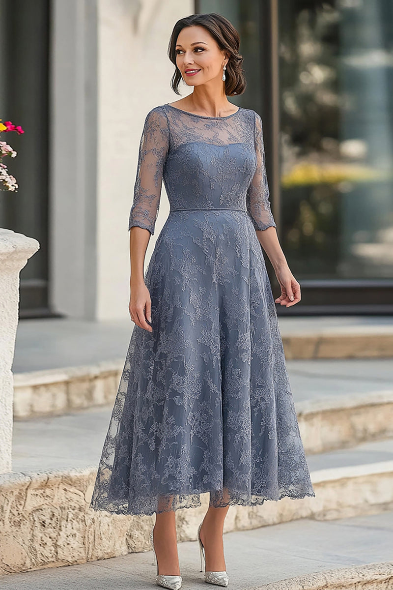 Load image into Gallery viewer, Dusty Blue Lace 3/4 Sleeves A Line Mother of the Bride Dress