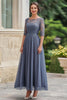 Load image into Gallery viewer, Dusty Blue Half Sleeves A Line Mother of the Bride Dress with Lace Applique