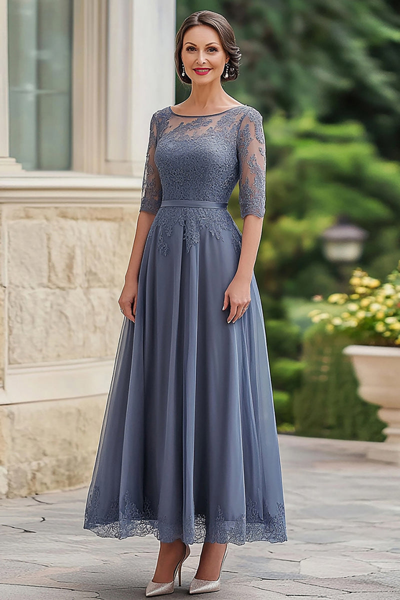 Load image into Gallery viewer, Dusty Blue Half Sleeves A Line Mother of the Bride Dress with Lace Applique